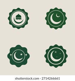 Islamic Crescent Moon and Mosque Green Badge Vector Set