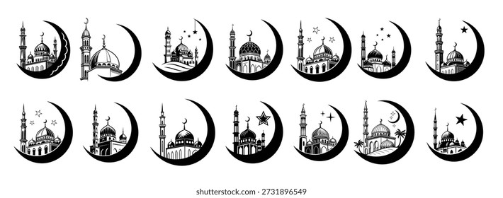 Ilustraciones de la mezquita de la luna creciente islámica Eid arte blanco negro 