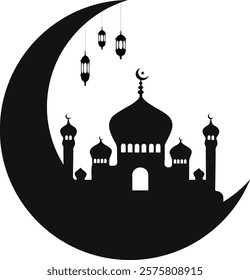 Islamic Crescent Moon and Mosque Silhouette