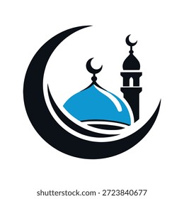 Vetor de logotipo da silhueta da lua e da mesquita do crescente islâmico no estilo plano moderno