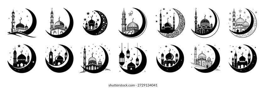 islamic crescent moon mosque silhouette illustrations black