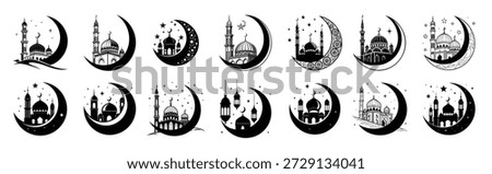islamic crescent moon mosque silhouette illustrations black