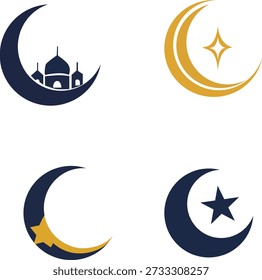 Lua crescente islâmica com ícones de mesquita e estrela para religiosos