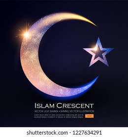 Islamic Crescent Moon. Muslim Religious Sign with Glitter Light Effect. Vector illustration