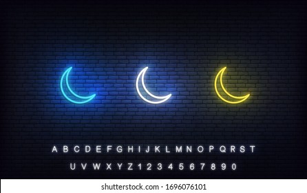 Islamic Crescent moon neon. Set of Ramadan neon colorful crescent moon