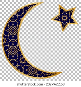 Islamic crescent moon and star with graceful golden geometric convex 3D pattern. Template on an isolated background. Vector graphics for design, logo, greeting card, presentation, business card.