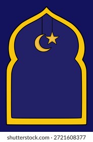 Islamic crescent moon and star hanging within a decorative arched window frame, vector design for Ramadan celebrations.