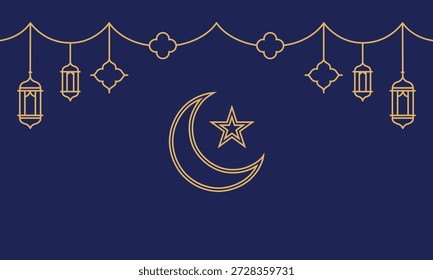 Islamic crescent moon and star with lanterns on blue background