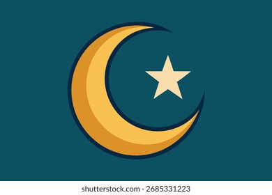 Luna creciente islámica y símbolo de la estrella en la Ilustración vectorial de fondo verde azulado oscuro