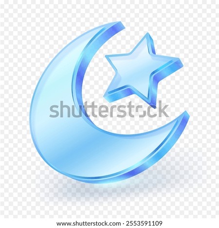 Islamic crescent moon and star symbol 3D blue transparent glass material isolated on white background. Realistic vector illustration.