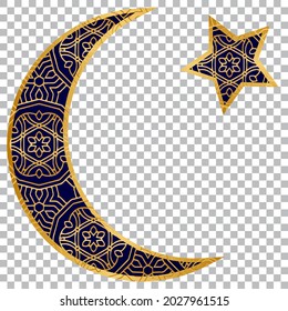 Islamic crescent moon and star with unique gold geometric convex 3D pattern. Template on an isolated background. Vector graphics for design, logo, greeting card, presentation, business card.