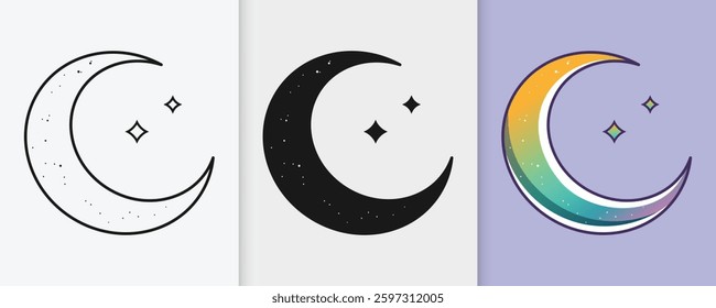 Islamic crescent moon with stars outline and silhouette icon set in isolated flat vector illustration for eid celebration