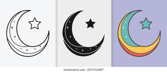 Islamic crescent moon with stars outline and silhouette icon set in isolated flat vector illustration for eid celebration