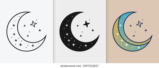 Islamic crescent moon with stars outline and silhouette icon set in isolated flat vector illustration for eid celebration