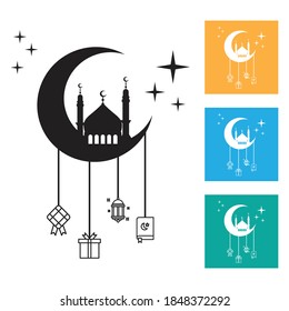 Islamic crescent moon vector illustration on colorful background. including mosques, minarets, arabic lights, gifts, stars and more. great for cards, websites, banners, prints, celebrations, and more.