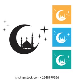 Islamic crescent moon vector illustration on colorful background. including mosques, minarets, stars and more. great for cards, websites, banners, prints, celebrations, and more.