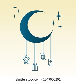 Islamic crescent moon vector illustration on colorful background. including arabic lights, gifts, stars and more. great for cards, websites, banners, prints, celebrations, and more.