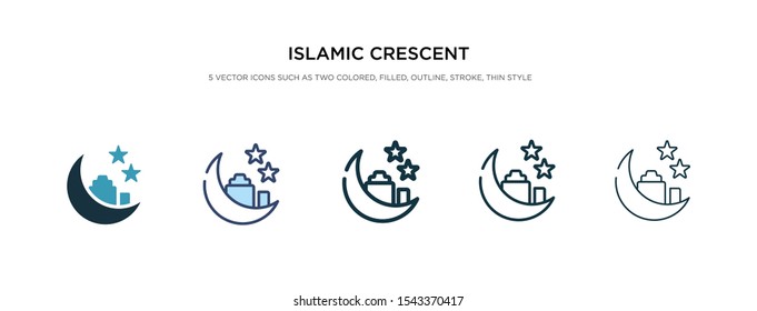 islamic crescent with small star icon in different style vector illustration. two colored and black islamic crescent with small star vector icons designed in filled, outline, line and stroke style