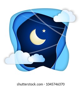 Islamic Crescent and Star in Paper Cut night Sky Clouds for holiday Ramadan Kareem. Concept for celebration for Mawlid birthday of prophet Muhammad, Ramadan Kareem, Eid Mubarak