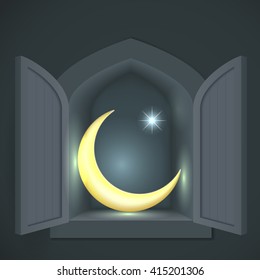 Islamic crescent and star in a wall alcove or closet at night.