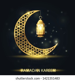 Islamic crescent with traditional lantern, Ramadan Kareem greeting card 