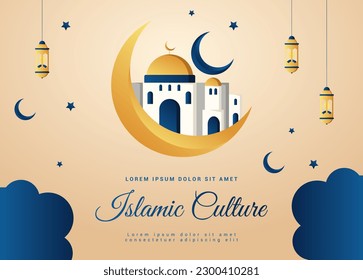 Islamic culture banner with mosque and islamic ornaments