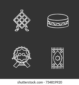 Islamic culture chalk icons set. Ketupat, daf drums, praying mat. Isolated vector chalkboard illustrations