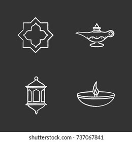 Islamic culture chalk icons set. Muslim star, lantern, oil lamps. Isolated vector chalkboard illustrations