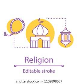 Islamic culture concept icon. Religion idea thin line illustration. Mosque, lantern and misbaha. Vector isolated outline drawing. Editable stroke