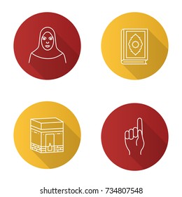Islamic culture flat design long shadow glyph icon. Muslim woman, god gesture, kaaba, quran book. Vector silhouette illustration