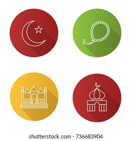 Islamic culture flat design long shadow glyph icon. Crescent moon and star, mosques, misbaha. Vector silhouette illustration