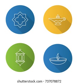 Islamic culture flat design long shadow glyph icon. Muslim star, lantern, oil lamps. Vector silhouette illustration