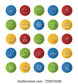 Islamic culture flat linear long shadow icons set. Muslim attributes. Religion symbolism. Vector outline illustration