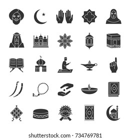 Islamic culture glyph icons set. Silhouette symbols. Muslim attributes. Religion symbolism. Vector isolated illustration