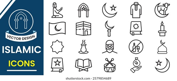 Islamic culture and prayers thin outline icon, symbols,  Ramadan vector illustration. Islamic Religion icon, vector sets. Includes crescent moon, mosque, charity, meal, no drinks. Vector illustration