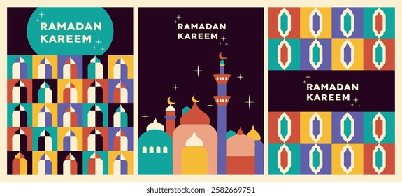 Islamic culture. Set of poster trendy bauhaus style. Mosque. Boho. Blessed holiday of Ramadan Kareem, Raya Hari, Eid al-Adha. Arabic. Geometric shapes. Hijri. Wallpaper. Mosque. Crescent moon. Pattern