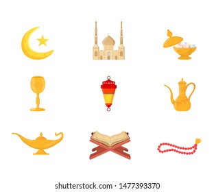 Islamic culture symbols flat illustrations set. Arabic countries religious items isolated cliparts pack. Ramadan, muslim design elements collection. Mosque, star and crescent, Koran color icons