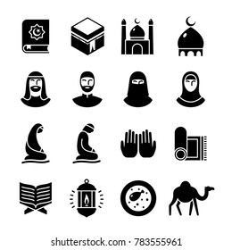Islamic culture and traditions glyph icons set. Muslim symbols, moon and star, Quran book, Kaaba, namaz, mosque, Ramadan, arabic man and woman, prayer. Vector illustration