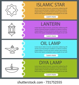 Islamic culture web banner templates set. Muslim star, lantern, oil lamps. Website menu items with linear icons. Vector headers design concepts