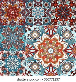 Islamic damask patchwork backgrounds colorful set, beautiful ornamentation, fashioned seamless patterns, vector wallpapers, floral wrapping papers, swatch fabrics for decoration and design