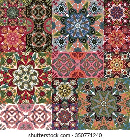 Islamic damask patchwork backgrounds colorful set, beautiful ornamentation, fashioned seamless patterns, vector wallpapers, floral wrapping papers, swatch fabrics for decoration and design.