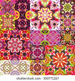 Islamic damask patchwork backgrounds colorful set, beautiful ornamentation, fashioned seamless patterns, vector wallpapers, floral wrapping papers, swatch fabrics for decoration and design
