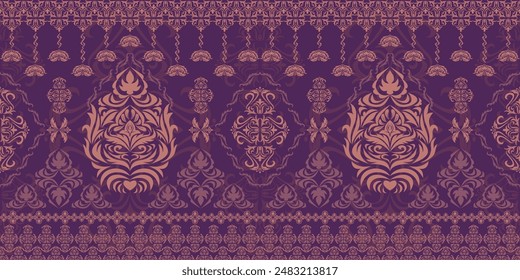 Islamic Damask seamless pattern metallic golden purple abstract EPS vector, Exquisite Vintage floral damask ornament,floral paisley embroidery,ethnic oriental traditional design for print,fabric
