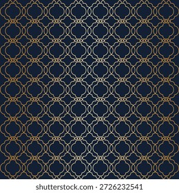 Un fondo oscuro islámico adornado con un intrincado patrón árabe dorado. El diseño simétrico presenta Formas geométricas repetitivas.