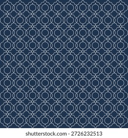 Un fondo azul oscuro islámico adornado con un patrón intrincado de círculos interconectados. Las circunferencias están dispuestas en una formación simétrica y repetitiva.