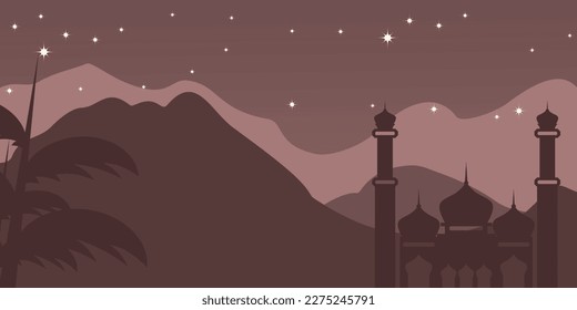 Islamic dark brown mountains background, with ornamented silhouette of mosque and night stars. Vector template for banners, greeting cards for Islamic holidays.