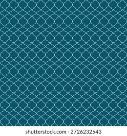 Um fundo azul-petróleo escuro islâmico adornado com um padrão de treliça intrincado repetitivo. O padrão consiste em entrelaçar formas circulares e ovais. O desenho é simétrico e uniforme.