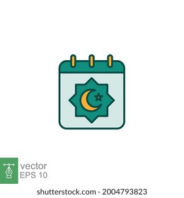 Islamic date icon for eid, muslim fasting ramadan. Calendar page with muslim moon and star. Arabic months, Lunar Hijri. Filled style vector illustration. design on white background EPS 10