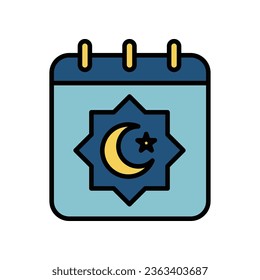 Islamic date icon for eid, muslim fasting ramadan. Calendar page with muslim moon and star. Arabic months, Lunar Hijri. Filled style vector illustration. design on white background EPS 10