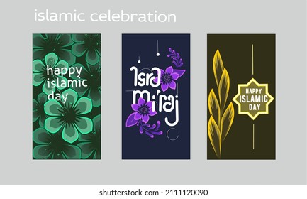 Islamic day celebration poster .modern neon flower theme in nice colorful design. Featuring beautiful flowers with the theme of Ramadan, isra mi'raj and islamic days .trendy poster typography .eps 10